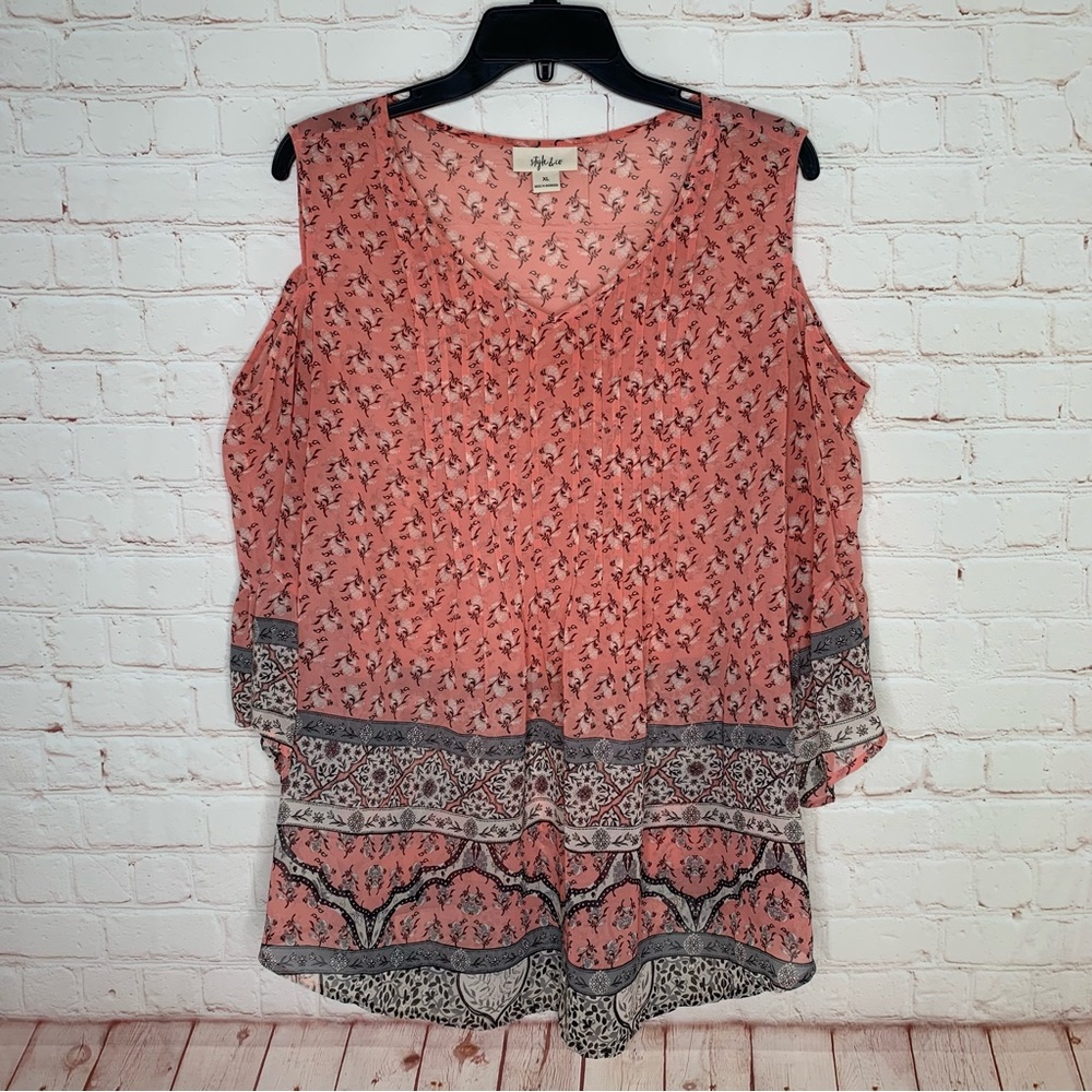 Style & Co Womens Pink Floral Chiffon Cold Shoulder Boho Peasant Top Size XL EUC